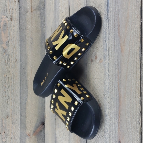 DKNY Logo Band Slides Sandals Black Gold NEW - Picture 7 of 8